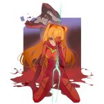  1girl 864577946 bangs blood blood_on_ground blue_eyes bodysuit breasts closed_mouth commentary end_of_evangelion eva_02 full_body hair_over_one_eye highres kneeling long_hair looking_at_viewer mecha neon_genesis_evangelion one_eye_covered orange_hair plugsuit red_bodysuit solo souryuu_asuka_langley twintails white_background 