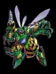  1boy antennae beast_wars beast_wars:_transformers black_background clenched_hand commentary_request glowing glowing_eyes gun insect_wings looking_at_viewer machine machinery mecha open_hand open_mouth photo-referenced predacon purple_eyes robot science_fiction smile solo transformers waspinator weapon wings yasukuni_kazumasa 