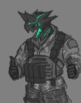  anthro biped black_sclera camo camo_clothing camo_print clothed clothing dragon fully_clothed gesture horn im51nn5 looking_at_viewer male open_mouth pattern_clothing scalie simple_background smile solo spot_color standing teal_eyes teeth thumbs_up tongue 