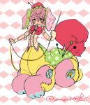  1boy animal_ears animal_feet animal_hands beret bow bowtie buttons centaur centauroid claws collar frilled_collar frilled_sleeves frills full_body green_eyes hat highres holding holding_needle looking_at_viewer monster_boy multicolored_background needle original pink_background pink_bow pink_bowtie pink_hair polka_dot shima_(wansyon144) short_hair short_sleeves signature sitting stitches stuffed_toy tail taur thread white_background yellow_pupils 