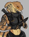  anthro athletic athletic_female biped black_eyes clothed clothing cobra female forked_tongue holding_object holding_weapon im51nn5 knife looking_at_viewer melee_weapon orange_sclera reptile scales scalie simple_background snake solo tan_body tan_scales tattoo tongue tongue_out weapon 