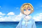 1girl aegis_(persona) android blonde_hair blue_eyes blue_sky breasts closed_mouth cloud dated dress highres looking_at_viewer ocean oosuzu_aoi persona persona_3 short_hair signature sky solo 