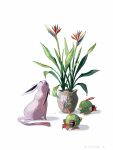  bird commentary_request dated espeon flower_pot highres looking_up mokuzou_(moku_ssbu) natu no_humans plant pokemon pokemon_(creature) signature water water_drop white_background 