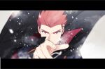  1boy black_cape blurry cape commentary_request grey_eyes hand_up jacket lance_(pokemon) letterboxed long_sleeves looking_at_viewer male_focus outstretched_hand pokemon pokemon_(game) pokemon_hgss red_hair short_hair snowing solo spiked_hair upper_body y_(036_yng) 