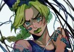  &gt;:( 1girl angry black_hair braid braided_ponytail clenched_teeth crying crying_with_eyes_open double_bun green_eyes green_hair green_lips hair_bun hand_on_own_shoulder highres jojo_no_kimyou_na_bouken kujo_jolyne lipstick makeup medium_hair multicolored_hair natchan_blue_(nanairopenki) open_mouth solo stone_free string tank_top tears teeth two-tone_hair unraveling v-shaped_eyebrows wavy_eyes 