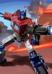  absurdres autobot blue_eyes explosion firing gun highres holding holding_gun holding_weapon mecha open_hand optimus_prime science_fiction sky smoke solo transformers weapon wheel zaki_(loud_factory) 