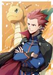  1boy absurdres belt black_cape black_eyes blue_jacket blue_pants blurry border cape closed_mouth commentary_request dated dragonite highres jacket lance_(pokemon) long_sleeves male_focus mugiccha2 pants pokemon pokemon_(creature) pokemon_(game) pokemon_hgss popped_collar red_hair short_hair signature smile spiked_hair white_border 