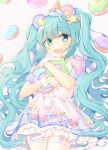  1girl :d absurdres blue_hair blush bow crbbie doughnut dress food frills green_eyes hair_bow hair_ornament hatsune_miku highres holding holding_food ice_cream icing long_hair looking_at_viewer open_mouth patterned_background puffy_short_sleeves puffy_sleeves see-through short_dress short_sleeves smile solo thighhighs twintails very_long_hair vocaloid wristband zettai_ryouiki 