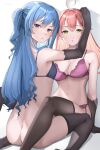  2girls ahoge ass bangs black_gloves black_legwear blue_bra blue_eyes blue_hair blush bra breasts elbow_gloves garter_straps gloves green_eyes hair_between_eyes hair_ornament highres hololive hoshimachi_suisei lace-trimmed_bra lace_trim large_breasts long_hair multiple_girls navel open_mouth pink_bra pink_hair sakura_miko shougun_(chuckni1) simple_background star_(symbol) star_in_eye symbol_in_eye thighhighs underwear virtual_youtuber 