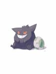  commentary_request egg gengar grin highres looking_to_the_side mokuzou_(moku_ssbu) no_humans pokemon pokemon_(creature) pokemon_egg simple_background sitting smile solo teeth white_background 
