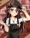  1girl adjusting_clothes adjusting_headwear birthday black_eyes black_hair black_headwear black_overalls brick_wall cabbie_hat casual character_name closed_mouth commentary cursive english_text girls_und_panzer happy_birthday hat highres jewelry kokophama long_hair looking_at_viewer necklace nishi_kinuyo overalls shadow shirt short_sleeves smile solo standing t-shirt twitter_username white_shirt 