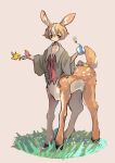  1boy :/ absurdres animal animal_ears bird bird_on_hand bow brown_background brown_hair centauroid collared_shirt daisy deer_boy deer_ears deer_tail flower full_body grass green_shirt highres holding holding_animal holding_bird hooves long_sleeves looking_at_viewer loose_clothes multicolored_hair neckerchief orange_eyes original ribbon shima_(wansyon144) shirt short_hair solo streaked_hair tail taur two-tone_hair white_hair wide_sleeves 