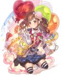  1girl balloon black_choker black_footwear blue_skirt boots brown_cardigan brown_hair cake cake_slice candle cardigan character_request choker collared_shirt commentary_request commission confetti dress_shirt fire flower food fruit full_body hair_flower hair_ornament haku_(sabosoda) heart_balloon highres holding holding_balloon idolmaster idolmaster_shiny_colors jacket knee_boots kneeling long_hair long_sleeves multicolored_hair nail_polish open_cardigan open_clothes open_jacket pink_flower pink_hair pink_nails plaid plaid_skirt pleated_skirt red_eyes shirt skeb_commission skirt sleeves_past_wrists solo strawberry streaked_hair striped striped_legwear thighhighs thighhighs_under_boots twintails white_background white_flower white_jacket white_shirt 