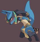  2022 absurd_res anthro anthro_focus balls black_body blue_arms blue_ears blue_tail blush bodily_fluids bottomwear bulge censored clothing disembodied_penis duo fur genitals hands_behind_back hi_res loincloth lucario male male/male narrowed_eyes nintendo nt_robo penis pink_tongue pok&eacute;mon pok&eacute;mon_(species) ruins_style_lucario saliva simple_background solo_focus sweat tan_balls tan_penis tongue tongue_out video_games 