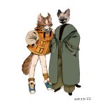  2others absurdres androgynous animal_ears asymmetrical_legwear baggy_clothes blue_eyes blue_scarf body_fur cat cat_ears cat_tail coat full_body furry furry_with_furry glasses green_coat green_pants hand_on_another&#039;s_shoulder hands_in_pockets highres long_sleeves looking_at_viewer multiple_others original oversized_clothes pants scarf shima_(wansyon144) shoes short_eyebrows siamese_cat simple_background sleeves_past_wrists sneakers socks tail thick_eyebrows turtleneck uneven_legwear whiskers white_background yellow_eyes 