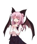  1girl :d ^_^ alphes_(style) bangs black_bow black_skirt black_vest bow closed_eyes collared_shirt commentary_request cowboy_shot demon_girl demon_wings ecp1lfu5amqojxq eyebrows_visible_through_hair hair_bow hands_on_own_chest happy long_hair long_sleeves open_mouth parody pink-haired_makai_resident_(touhou) shirt simple_background skirt smile style_parody touhou touhou_(pc-98) vest white_background white_shirt white_wings wings 