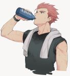  1boy alternate_costume black_shirt bottle commentary_request drinking grey_eyes holding holding_bottle lance_(pokemon) male_focus pokemon pokemon_(game) pokemon_hgss red_hair scar shirt short_hair solo spiked_hair sweat towel towel_around_neck upper_body water_bottle wet y_(036_yng) 