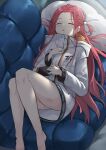 0shino 1girl ass barefoot blue_archive blush braid closed_eyes forehead highres hood hood_down hooded_jacket jacket knees_up long_hair long_sleeves lying on_back parted_lips red_hair solo very_long_hair white_jacket yuzu_(blue_archive) 