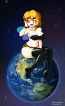  1girl absurdres antennae arthropod_girl bee_girl black_legwear blonde_hair blush breasts cleavage collaboration dakunart danmakuman earth_(planet) giant giantess highres large_breasts monster_girl open_mouth original panties planet smile solo space striped striped_panties thick_eyebrows thighhighs underwear wings 