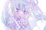  +_+ 1girl angel_wings bangs blood blood_on_clothes blunt_bangs blush bunny expressionless frilled_shirt_collar frills hair_ornament hair_ribbon long_hair looking_at_viewer mouth_hold original pentagram pincushion pink_eyes purple_eyes ribbon ribbon_in_mouth see-through_sleeves solo star_(symbol) stuffed_toy twintails wata_meuko white_legwear wings 