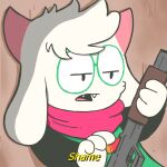  1:1 2022 3_fingers anthro black_clothing bovid caprine cheek_tuft clothed clothing cwitchy deltarune english_text eyewear facial_tuft fingers fur fur_tuft glasses goat green_clothing green_eyewear green_glasses gun holding_gun holding_object holding_weapon horn mammal multicolored_clothing open_mouth pink_horn pink_scarf pink_tongue ralsei ranged_weapon round_glasses scarf shell_(projectile) shotgun_shell solo teeth text tongue tuft undertale_(series) video_games weapon white_body white_ears white_fur yellow_text 