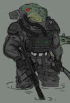  absurd_res alligator alligatorid alternate_version_at_source anthro biped black_eyes bulletproof_vest camo camo_clothing camo_print clothed clothing crocodilian fully_clothed gas_mask green_body green_scales gun hi_res holding_object holding_weapon im51nn5 machete male mask melee_weapon partially_submerged pattern_clothing ranged_weapon red_sclera reptile rifle scales scalie simple_background solo standing weapon 