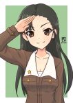  1girl artist_name asymmetrical_bangs bangs black_eyes black_hair border brown_jacket chi-hatan_military_uniform closed_mouth commentary dated girls_und_panzer green_background highres jacket long_hair long_sleeves looking_at_viewer military military_uniform mizoochi nishi_kinuyo outside_border salute shirt signature smile solo star_(symbol) straight_hair uniform upper_body white_border white_shirt 