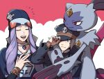  2boys :d absurdres black_coat black_headwear blue_jacket bracelet closed_eyes closed_mouth coat collar commentary_request facial_hair floral_print goatee grey_eyes grey_hair hand_on_headwear hat high_collar highres ingo_(pokemon) jacket jewelry long_hair long_sideburns male_focus melli_(pokemon) mugiccha2 multiple_boys open_mouth peaked_cap pokemon pokemon_(creature) pokemon_(game) pokemon_legends:_arceus pokemon_on_back purple_hair short_hair sideburns smile sneasler teeth tongue trench_coat 
