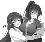  2girls artist_name bangs blush blush_stickers breast_awe breasts cheek_press cleavage collarbone collared_shirt counter:side dot_nose furrowed_brow gloves greyscale hair_between_eyes highres hood hooded_jacket hug huge_breasts jacket jitome long_hair long_sleeves looking_at_another looking_at_breasts maett monochrome multiple_girls necktie open_clothes open_jacket open_mouth ponytail pushing_away seo_yoon shirt sidelocks sketch sweatdrop teasing upper_body wavy_mouth white_background yoo_mina 