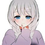  1girl bang_dream! blue_eyes braid dochan_(user_nnpz5587) finger_to_own_chin grey_hair hand_up looking_at_viewer medium_hair nail_polish sketch sleeves_past_wrists smile solo sweater twin_braids upper_body wakamiya_eve white_background 