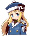  1girl bangs blonde_hair blue_eyes blue_headwear blue_jacket blush closed_mouth collared_shirt commentary_request fur-trimmed_headwear fur-trimmed_jacket fur_trim green_shirt gunner_2_(sekaiju) hat highres jack_frost jacket juliet_sleeves long_hair long_sleeves looking_at_viewer naga_u puffy_sleeves sekaiju_no_meikyuu sekaiju_no_meikyuu_2 shirt simple_background solo upper_body v-shaped_eyebrows very_long_hair white_background 