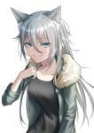  1girl animal_ear_fluff animal_ears arm_up bangs black_shirt breasts collarbone eyebrows_visible_through_hair fur-trimmed_jacket fur_trim green_jacket highres jacket light_blue_eyes long_hair looking_at_viewer medium_breasts naga_(pixiv70891418) open_clothes open_jacket open_mouth original shirt silver_hair smile solo teeth_hold white_background 