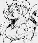  1girl akuroporisu animal_ears blush breasts eyebrows_visible_through_hair fox_tail hands_in_opposite_sleeves hat large_breasts long_sleeves looking_at_viewer monochrome multiple_tails pillow_hat serious short_hair solo tabard tail touhou upper_body yakumo_ran 