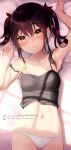  1girl arm_up armpits ass_visible_through_thighs bangs bare_arms bare_shoulders bed_sheet black_camisole black_hair blush brown_eyes camisole closed_mouth collarbone commentary_request eyebrows_visible_through_hair hair_between_eyes hair_ribbon hand_up head_tilt heart highres lying minamura_haruki navel on_back original panties red_ribbon ribbon sidelocks smile solo twintails underwear underwear_only watermark web_address white_panties 