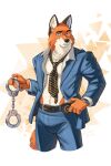  2022 absurd_res anthro belt belt_buckle blacksad blue_suit bottomwear canid canine clock clothing cuff_(restraint) fox fur gradient_background handcuffs hi_res leo-artis lidded_eyes lieutenant looking_at_viewer male mammal metal_cuffs multicolored_body multicolored_fur necktie orange_body orange_fur pants police_badge police_officer restraints simple_background solo triangle_(shape) two_tone_body two_tone_fur watch white_body white_fur 
