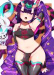  1girl armpits black_choker black_legwear breasts choker covered_nipples creature detached_sleeves earrings fate/grand_order fate_(series) hand_up headpiece highres jewelry long_sleeves looking_at_viewer low_twintails medium_hair open_mouth pelvic_curtain pointy_ears purple_eyes purple_hair shawl shuten_douji_(fate) shuten_douji_(halloween_caster)_(fate) small_breasts solo stirrup_legwear thigh_gap thighhighs toeless_legwear toes twintails utsusumi_kio 