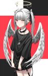  1girl angel_wings bangs black_collar black_shirt blush chain_necklace closed_mouth collar collarbone cross cross_earrings earrings eye_piercing eyebrows_visible_through_hair feet_out_of_frame grey_hair hair_ribbon halo heterochromia highres jewelry lock long_hair looking_at_viewer naga_(pixiv70891418) necklace original red_eyes ribbon shirt simple_background solo standing t-shirt twintails unhappy wings yellow_eyes 
