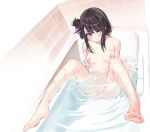  1girl bangs bath bathing black_hair blush breasts commentary_request completely_nude feet highres legs_up long_hair looking_at_viewer midriff nipples nude original partially_submerged purple_eyes sidelocks small_breasts soles solo spread_legs sweatdrop toes water wet zero_(miraichizu) 