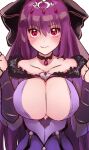  1girl blush bow breasts choker cleavage cleavage_cutout clothing_cutout fate/grand_order fate_(series) feather_trim fur_trim hair_between_eyes hair_bow headpiece highres large_breasts looking_at_viewer masini-mashini615 purple_hair red_eyes scathach_(fate) scathach_skadi_(fate) scathach_skadi_(second_ascension)_(fate) smile solo tiara 