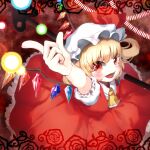  1girl :d ari_don arm_up ascot blonde_hair blue_flower blue_rose blush danmaku fang fangs flandre_scarlet flower foreshortening from_above hat holding holding_polearm holding_weapon laevatein_(touhou) mob_cap open_mouth outstretched_arm pink_flower pink_rose pointing polearm puffy_sleeves red_eyes red_flower red_rose ribbon rose short_hair short_sleeves smile solo spell_card touhou weapon white_flower white_rose wings yellow_flower yellow_rose 