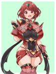  1girl absurdres bangs black_gloves breasts chest_jewel earrings fingerless_gloves gem gloves headpiece highres huge_breasts jewelry kurokaze_no_sora pyra_(xenoblade) red_eyes red_hair red_legwear red_shorts short_hair short_shorts shorts solo swept_bangs thighhighs tiara xenoblade_chronicles_(series) xenoblade_chronicles_2 