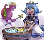  1boy 1girl blue_hair bubble clenched_teeth dragon_girl dragon_horns duel_monster facial_hair fang genie hatano_kiyoshi holding holding_wand horns kneeling lamp laundry_dragonmaid lord_of_the_lamp mustache mystic_lamp open_mouth pointing pointing_at_self pointy_ears pointy_nose purple_skirt sash short_hair skirt sleeves_rolled_up sweatdrop teeth wand washing washtub yellow_eyes yu-gi-oh! 