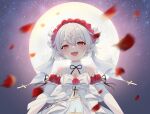  1girl :d absurdres bangs bare_shoulders breasts bride cleavage dress elbow_gloves flower full_moon gloves hair_flower hair_ornament highres honkai_(series) honkai_impact_3rd looking_at_viewer moon night night_sky open_mouth petals red_eyes red_flower red_rose rose sky small_breasts smile star_(sky) starry_sky theresa_apocalypse theresa_apocalypse_(luna_kindred) white_dress white_gloves white_hair yaomiaomiao 