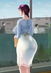  1girl apron ass blue_sweater blurry blurry_background breasts circle_monshiro from_behind hair_over_shoulder holding holding_towel large_breasts long_skirt mature_female original outdoors purple_hair sidelocks skirt standing sweater towel wall white_skirt yellow_apron 