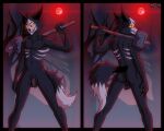  anthro athletic athletic_male backsack balls black_body black_fur bone butt cadaver_(skulldog) canid canine canis claws demon flaccid fluffy fluffy_tail front_view full_moon fur genitals glowing glowing_eyes hammer hi_res humanoid_genitalia humanoid_penis kimero_kat male mammal moon neck_tuft penis rear_view red_moon skull skull_head skulldog_(species) solo standing tools tuft wolf 
