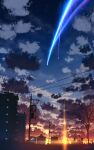  building cityscape cloud cloudy_sky commentary gradient_sky highres kimi_no_na_wa. lens_flare no_humans outdoors power_lines scenery shooting_star sky sparkle star_(sky) starry_sky sunset tree utility_pole vinci_v7 