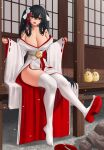  1girl ahoge architecture azur_lane bangs bare_shoulders black_hair breasts bride cleavage collarbone crossed_bangs east_asian_architecture feet flower hair_flower hair_ornament highres huge_breasts japanese_clothes kimono legs long_hair looking_at_viewer manjuu_(azur_lane) off_shoulder okobo open_mouth red_eyes red_ribbon red_skirt ribbon sidelocks sitting skirt solo taihou_(azur_lane) thighhighs thighs twintails very_long_hair white_kimono white_legwear wide_sleeves zaphn 