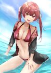  1girl bangs bare_shoulders bikini blush breasts cleavage collarbone gakuon_(gakuto) heterochromia highres hololive houshou_marine large_breasts long_hair long_sleeves looking_at_viewer navel open_mouth red_eyes smile solo swimsuit thighs twintails virtual_youtuber yellow_eyes 