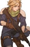  1boy armor assault_rifle asymmetrical_hair blonde_hair blue_eyes blue_pants blue_shirt boots cloud_strife daewoo_k2 final_fantasy final_fantasy_vii final_fantasy_vii_remake gloves gun highres holding holding_gun holding_weapon inuue15 kneeling pants rifle shirt shoulder_armor sleeves_rolled_up solo spiked_hair suspenders thigh_strap upper_body weapon white_background younger 