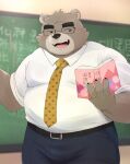 2022 absurd_res anthro belly big_belly blush book chalkboard clothing eyewear glasses hi_res humanoid_hands japanese_text kemono male mammal necktie overweight overweight_male shirt solo teacher text topwear ursid zuboboz 